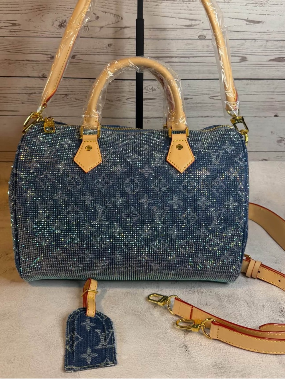 Luxury Designer Blue Denim  Crystal Sparkly
Monogram Satchel-NWOT